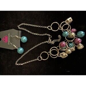 Paparazzi Love Lock Charm Cluster Necklace & Earring Set - Teal Purple